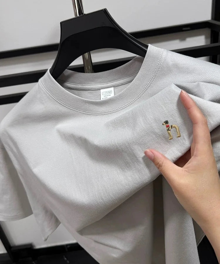100% pure cotton new high-end brand men's round neck short sleeved T-shirt summer fashion dog embroidery Korean loose design top