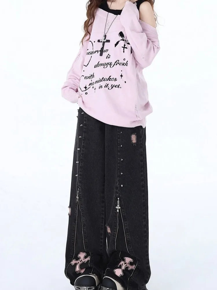 Women's Baggy Pants Punk Y2K Denim Jeans High Street Patchwork Vintage Design Rocker Straight High Waist Printed Patch Raw Edges
