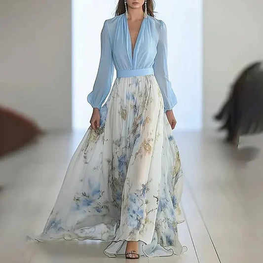 Women Casual Floral Print High Waist Holiday Dress Spring Summer Elegant V Neck Floral Patchwork Long Sleeved Dress Streetwear