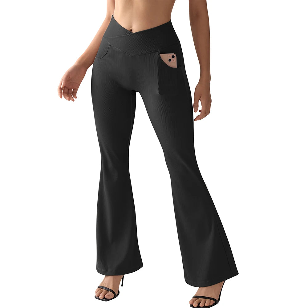 Women's Flared Pants with Pockets Flared Leg Yoga Pants Fitness Casual Tummy Control V Waist  Long Pants Yoga Leggings Women