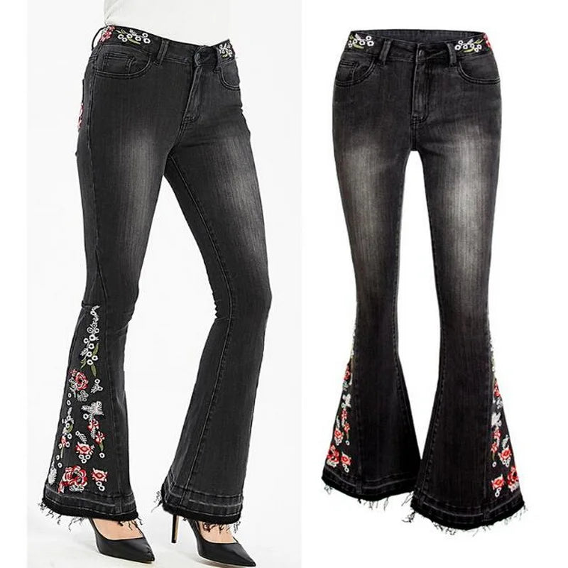 Women's Jeans Embroidered Flower Flared Denim Pants Multiple Styles Flared Jeans For Choose