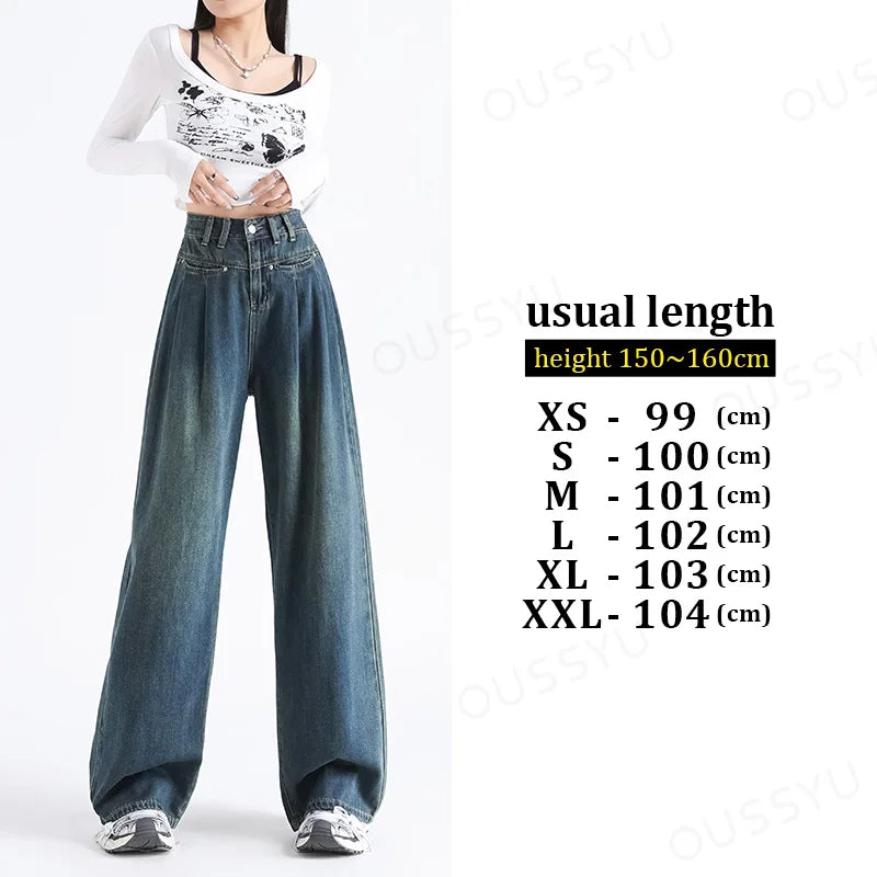 OUSSYU Woman Jeans High Waist Wide Leg Cotton Denim Clothing Loose Straight Pant Fashion Comfort Retro Blue Casual Trousers