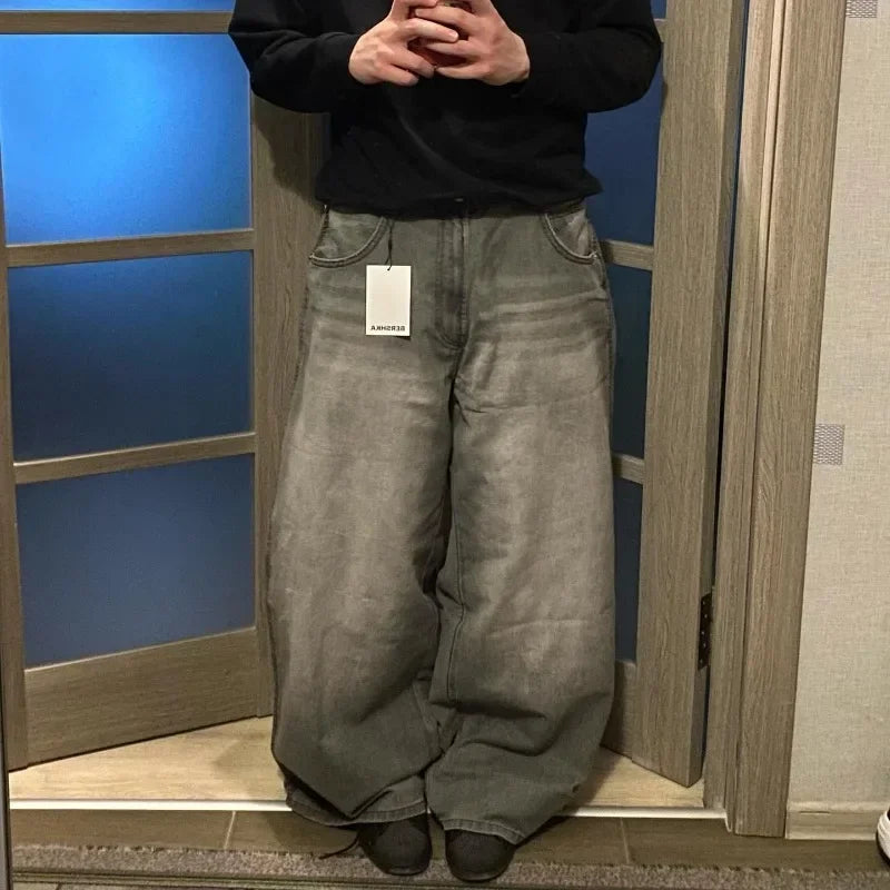 American New Fashion Letter Embroidery Washed Hole Baggy Jeans Men Y2K Streetwear Harajuku Popular High Waist Wide-leg Trousers