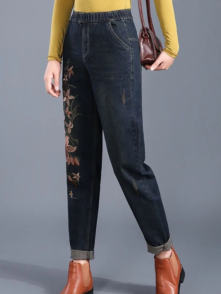 Embroidery Design Vintage Baggy Harem Jeans Women Casual Elastic High Waist Denim Pants Korean Streetwear Ankle Length Vaqueros