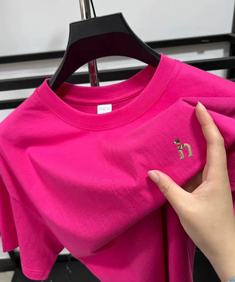 100% pure cotton new high-end brand men's round neck short sleeved T-shirt summer fashion dog embroidery Korean loose design top