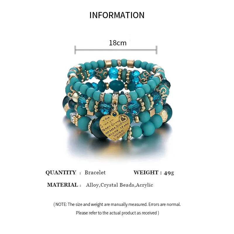 4pcs/set Boho Strand Bracelets For Women Crystal Beads Bracelets Heart Letter Elastic Bangles Wristband Yoga Jewelry Gifts