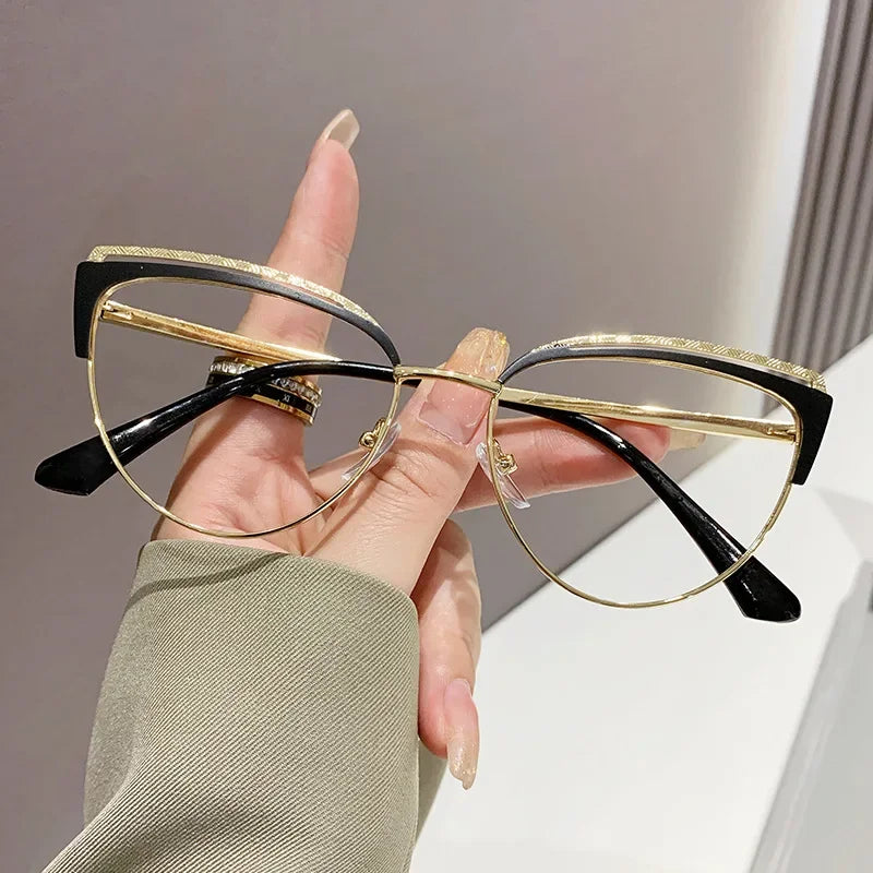 Fashionable New Cat-eye Plain Glasses Frame Women's Metal Hollowed Out Optical Spectacle Eyeglass Anti-blue Light Glasses