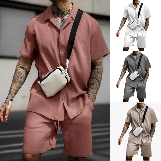 2023 Men's Sets New Casual Comfortable Button Short Sleeve Polo Shirt and Shorts Two Piece Set for Men Fashoin Sweatpants Suit