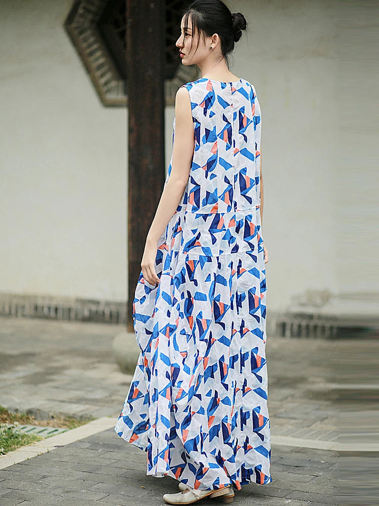 100% Cotton Women Casual Holiday Dress New Arrival 2025 Summer Vintage Style O-neck Print Loose Ladies A-line Long Dresses M919