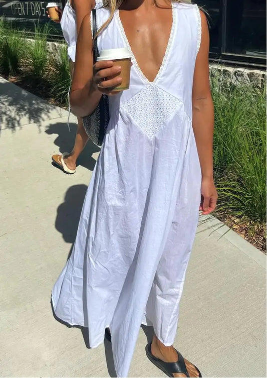 Women Comfortable Casual Vintage Cotton Robe Dress Summer Solid Color V Neck Pullover Sleeveless Gown Hot Sale S M L