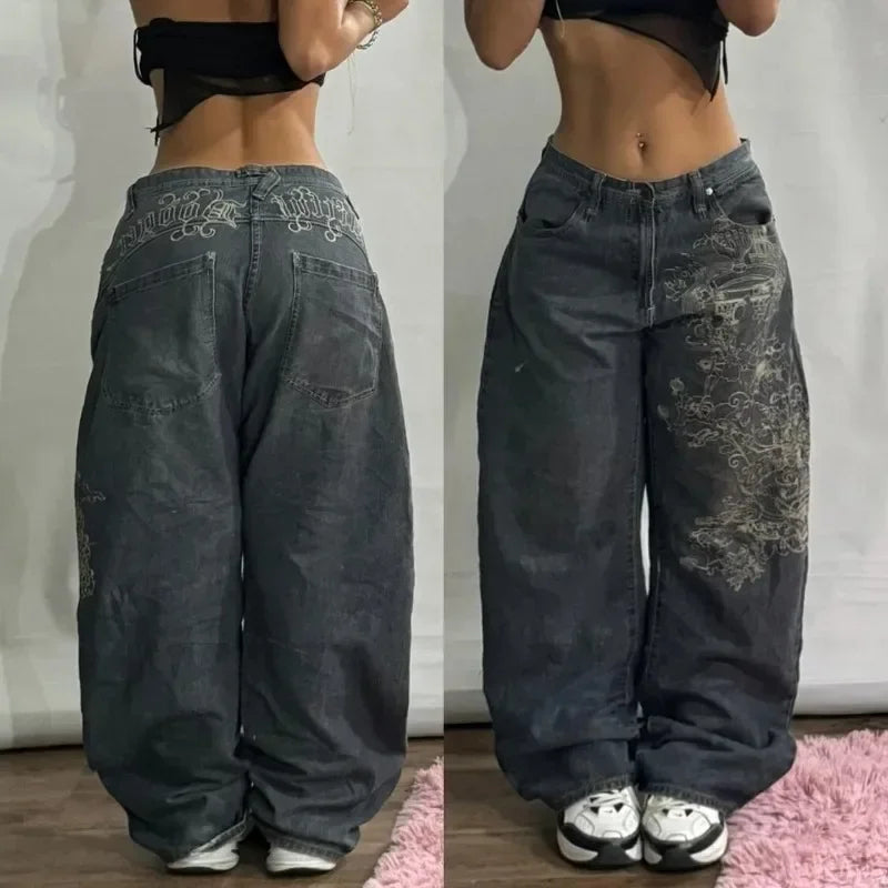 American New Fashion Letter Embroidery Washed Hole Baggy Jeans Men Y2K Streetwear Harajuku Popular High Waist Wide-leg Trousers