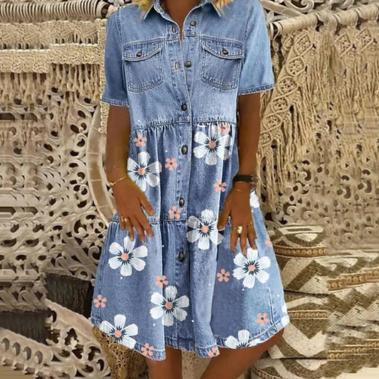 Summer High Quailty Fashion Casual Mesh Multi-button Denim Skirt With Flowers For Women Vintage Loose Knee Length Dresses