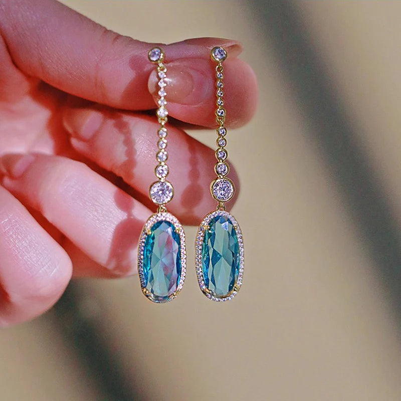 Huitan Aesthetic Long Hanging Earrings for Women Blue Cubic Zirconia Pendant Fashion Luxury Female Wedding Party Jewelry Gifts