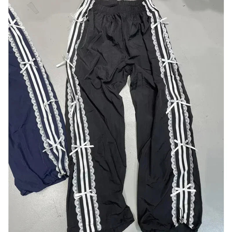 College Fashion Trousers Elastic Waist Lace White Strip Butterfly Foot Sweatpants Sports Pants Women Sweet Girls Loose Casual