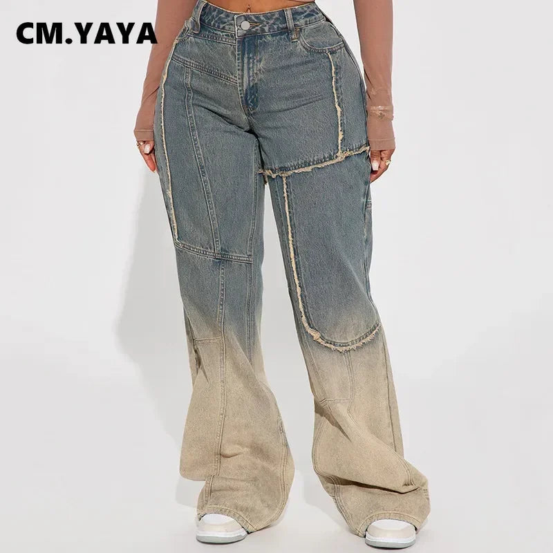 CM.YAYA Women Streetwear Cargo Straight Washed Denim Wide Leg Jeans Pants 2024 Fall Casual gradient Fashion Holiday Trousers
