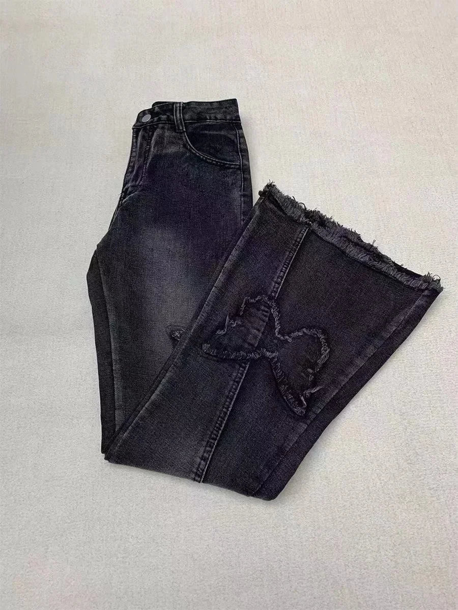 Y2k Butterfly Embroidery Blue Flare Jeans women Low Waist Vintage 90s Aesthetic Denim Trousers Harajuku 2000s Trashy Pants