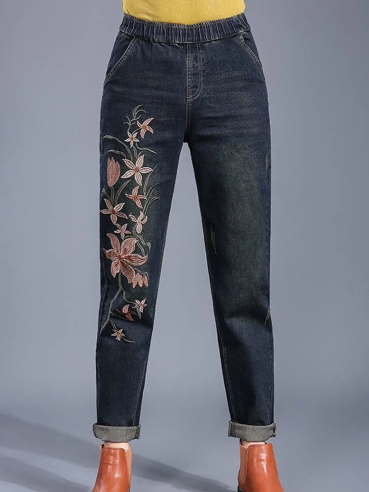 Embroidery Design Vintage Baggy Harem Jeans Women Casual Elastic High Waist Denim Pants Korean Streetwear Ankle Length Vaqueros
