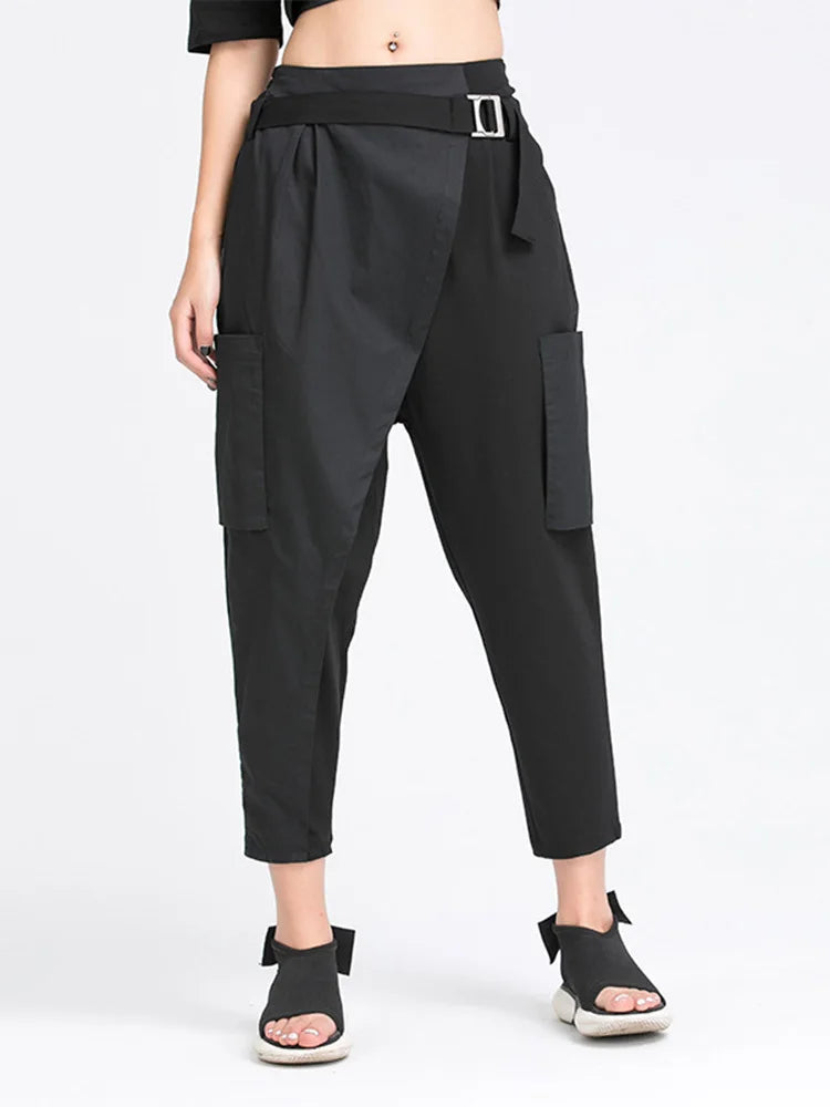 [EAM] High Elastic Waist Black Irregular Split Harem Trousers New Loose Fit Pants Women Fashion Tide Spring Summer 2025 1Y487