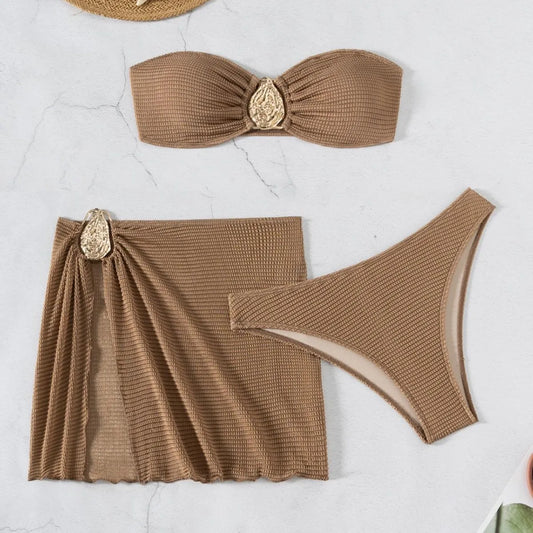 Sexy 3 Pieces Bikini Set Women Swimsuit with Skirt Female Swimwear Off Shoulder Bikini Tassels Swim Suit Bodysuit Beachwear