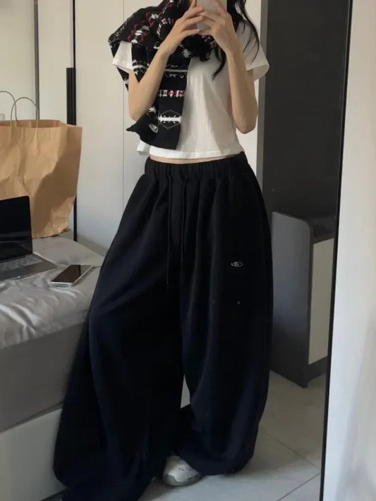 HOUZHOU Vintage Black Baggy Sweatpants Oversize Woman Korean Style Jogger Pants High Quality Harajuku Streetwear Trousers Winter