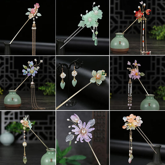 2023 New Chinese Hair Stick Girls Vintage Wedding Hanfu Decor Hairpin Flower Tassel Pearl Hair Bun Chopsticks Bride Hair Jewelry