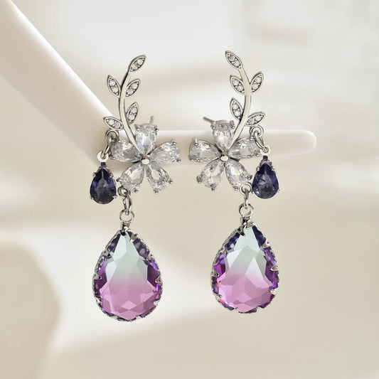 Elegant Flower Water Drop Purple Crystal Zircon Dangle Stud Earrings For Women Fashion Temperament Earrings Luxury Jewelry