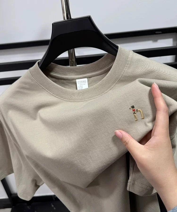 100% pure cotton new high-end brand men's round neck short sleeved T-shirt summer fashion dog embroidery Korean loose design top