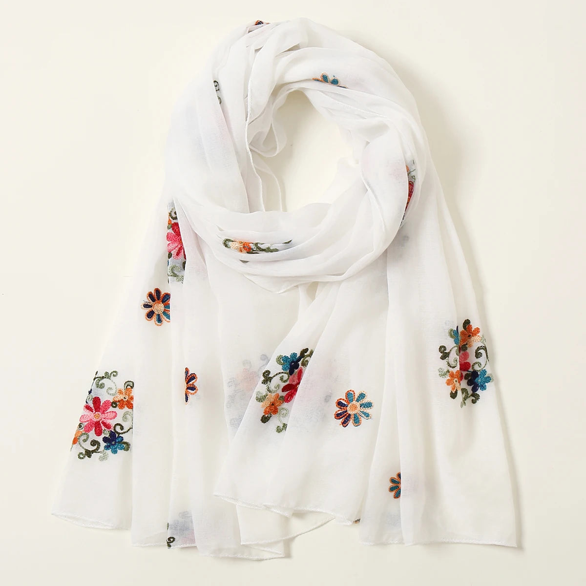 Wholesale New Fashion Embroidery Floral Long Scarf Hijab Woman Cotton Shawl Summer Solid Color Wraps For Ladies Stole Headband