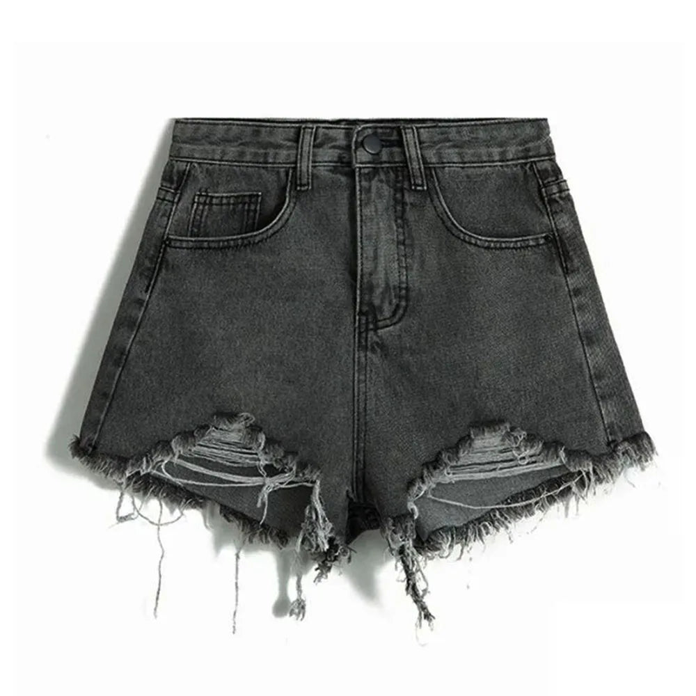 Summer Korean Women's Cowboy Shorts High Waist Casual Blue Denim Shorts Pocket Tassel Perforated Fashion Shorts Y2K Female Jeans