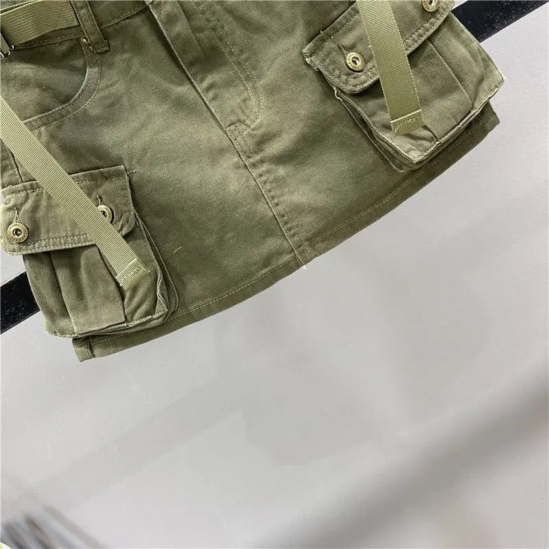 Zipper Fly Denim SKirts with Button Women's Denim Cargo Skirts with Pockets Sexy Mini A-line Jean Skirts Female Streetwear