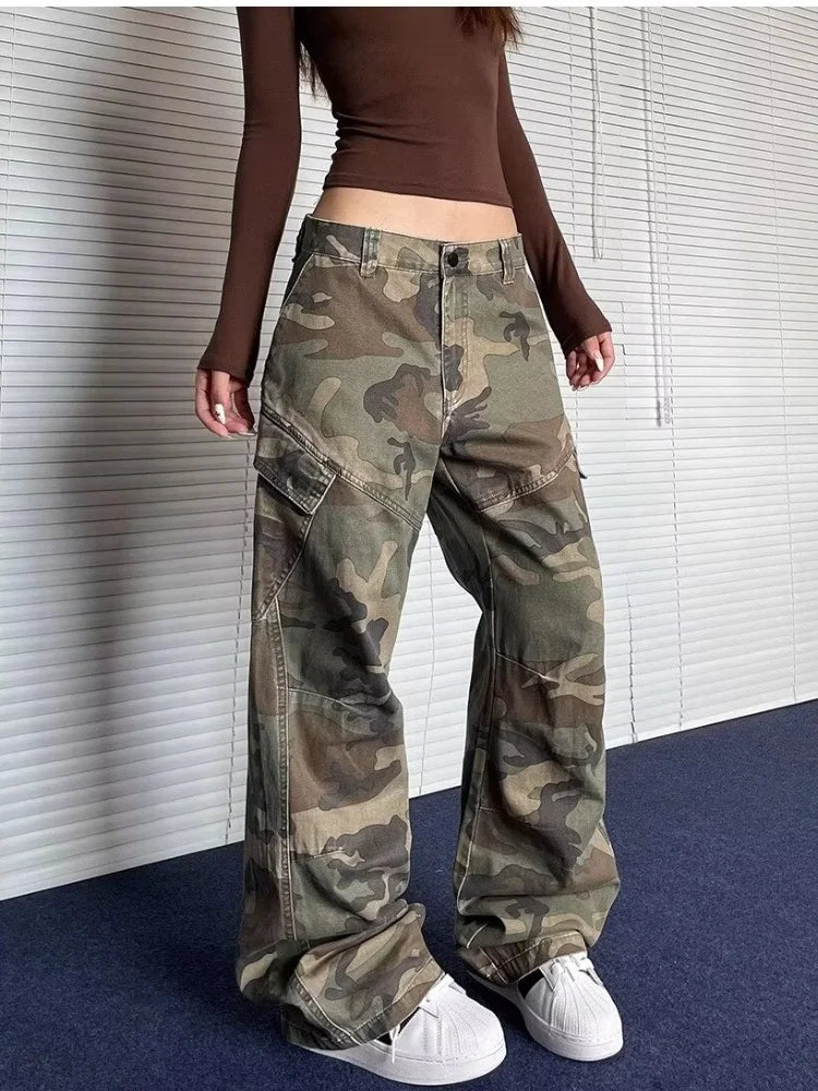 2024 Cyber Y2K Streetwear Washed Camouflage Pleated Baggy Jeans Cargo Pants For Women Clothes Underwear Lady Casual Trousers