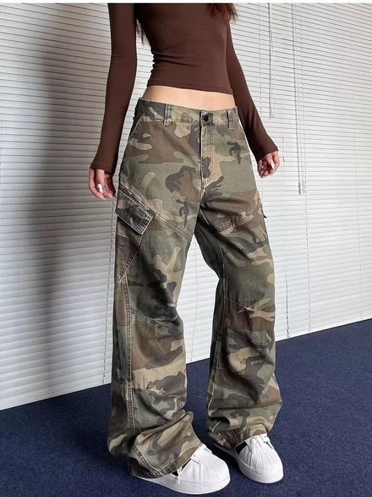 2024 Cyber Y2K Streetwear Washed Camouflage Pleated Baggy Jeans Cargo Pants For Women Clothes Underwear Lady Casual Trousers