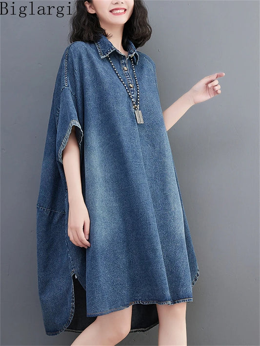 Oversized Summer Women Irregular Loose Denim Dress Korea Ladies Casual Big Size Pullover Mini Blue Dresses Woman Cotton Dress