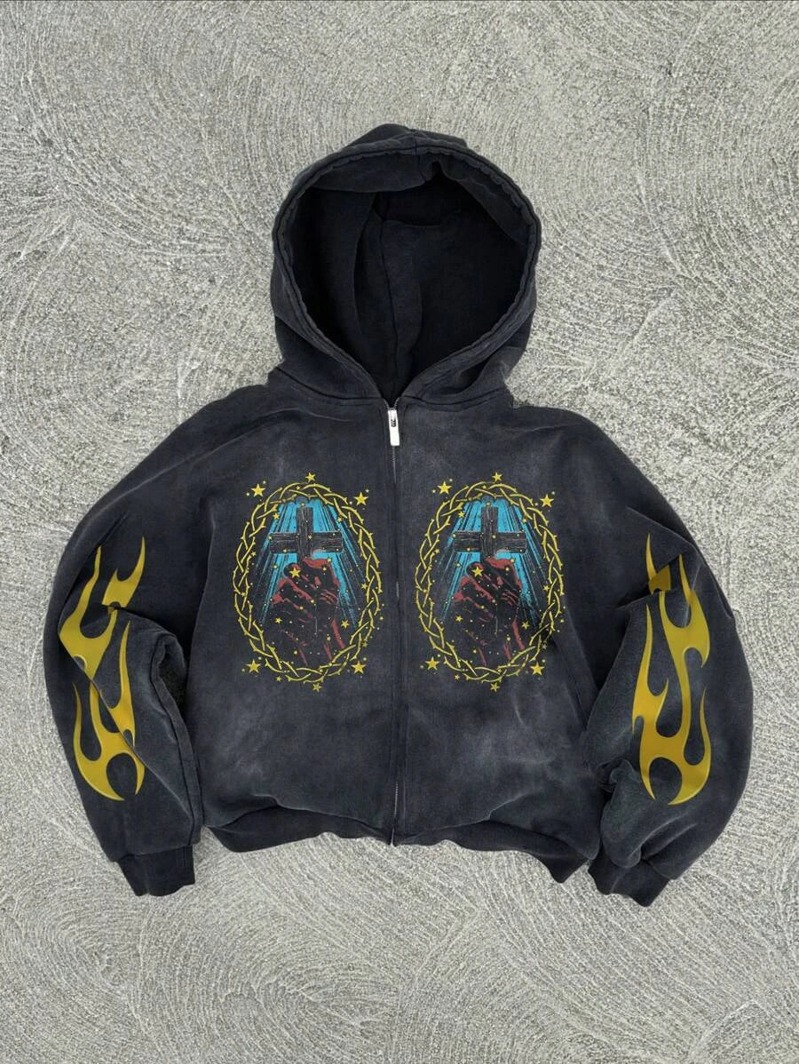 Y2K retro hip-hop trend pattern print men clothing streetwear hoodie fall winter Harajuku jacket gothic casual zip up hoodies