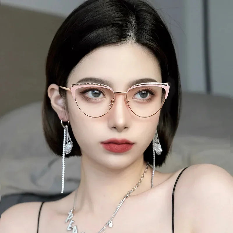 Fashionable New Cat-eye Plain Glasses Frame Women's Metal Hollowed Out Optical Spectacle Eyeglass Anti-blue Light Glasses