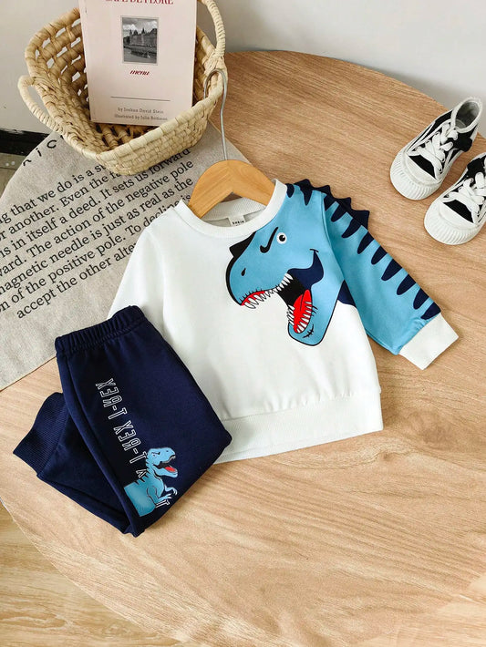 2-Piece Spring And Autumn Baby Boy Casual Cute Comfortable Sports Outdoor Long Sleeve Pants Suit Dinosaur Print DX2731