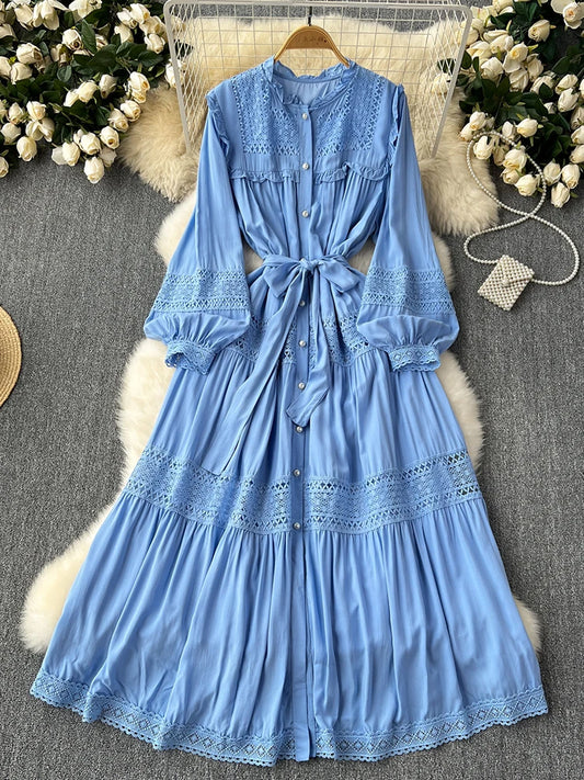 New Spring Autumn Women's Long Sleeve Dress Sweet Mushroom Edge Collar Buckle Long Hollow Lace Splicing French Dress Female D08