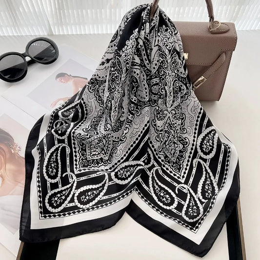 70cm Retro Cashew Flower Scarf Women's Imitated Silk Fabric Trendy Versatilescarves Headscarf Shawl Tying Imitated Silk Scarf