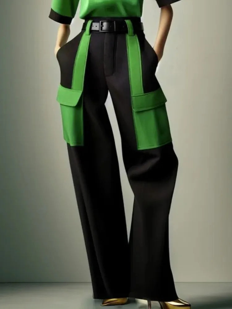 Beautyblue Fashion Woman Casual Pants Wide Leg Trousers 2025 Loose Contrast Color No Belt Pockets Black Green Bottoms Streetwear