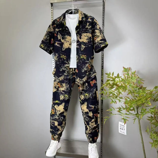 (Shirt + trousers) Summer short sleeve Mens Sets shirt print pattern men's casual elastic waist shirts men Two-piece Suit