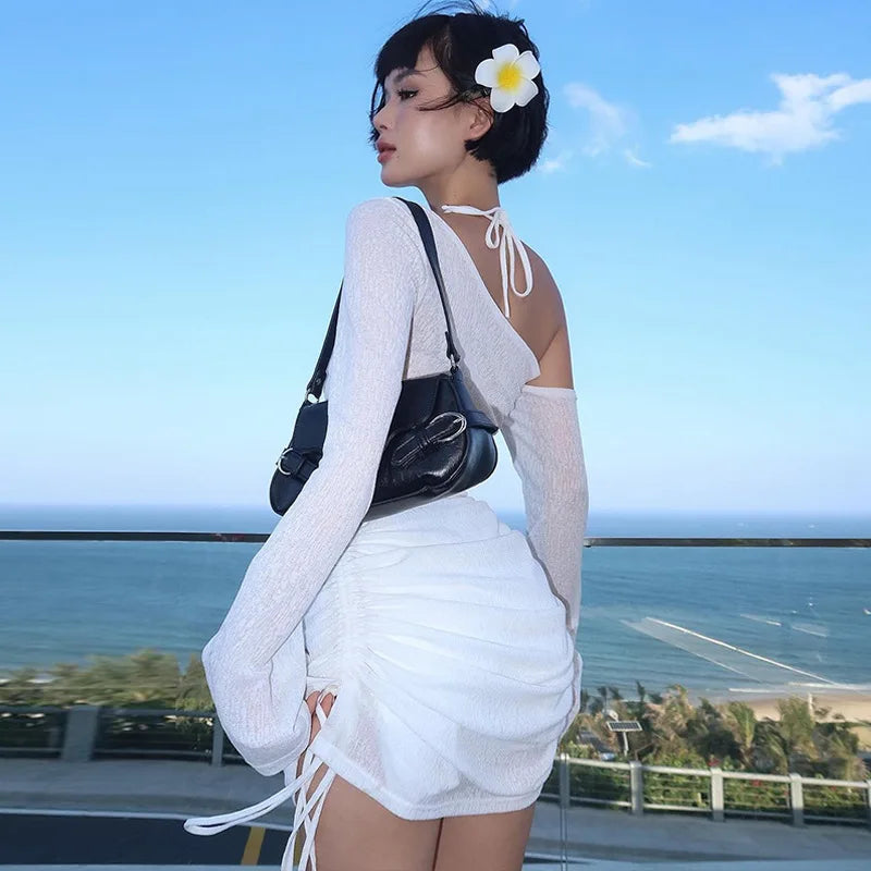 Women's summer and autumn new products Light pure hot girl style fashionable cool off-shoulder long-sleeved sexy pleated dress