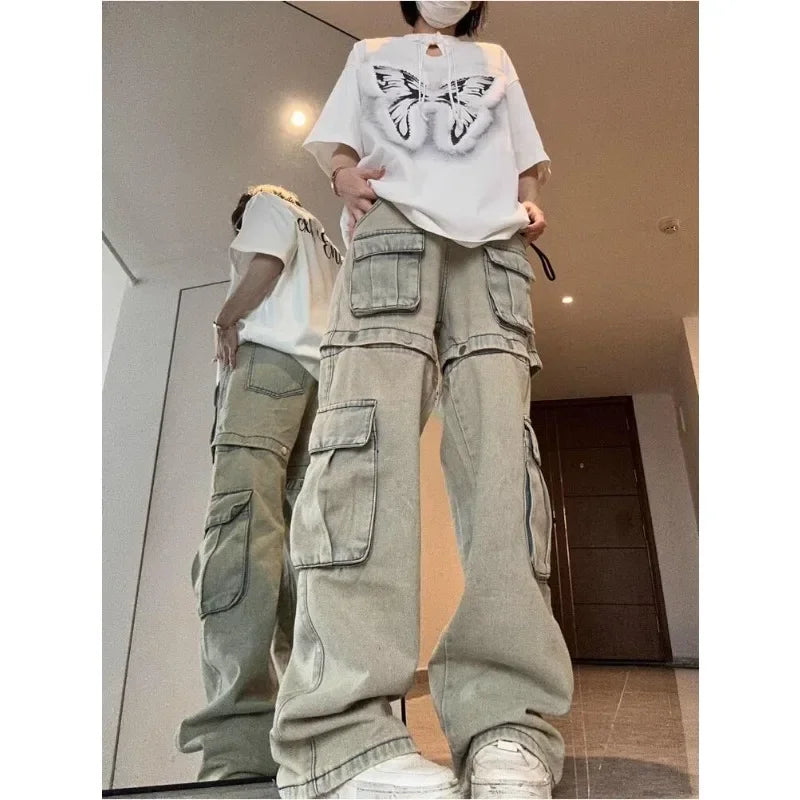 Harajuku Vintage High Waist Loose Jeans Pockets Patchwork Sexy Pants Women's Y2K Wide Leg Baggy High Street Style Denim Trouser