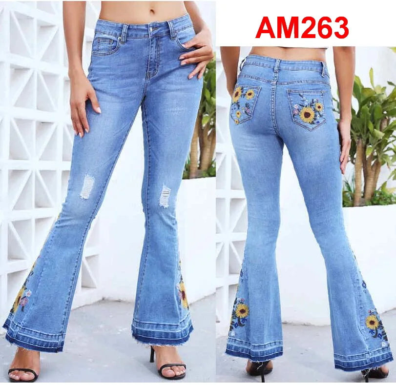 Women's Jeans Embroidered Flower Flared Denim Pants Multiple Styles Flared Jeans For Choose