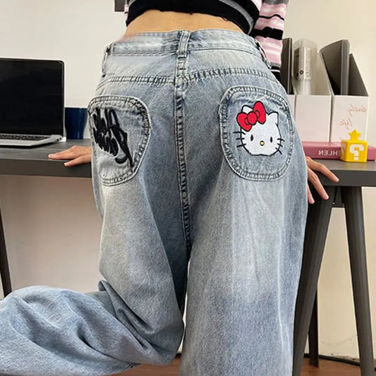 Jeans Harajuku Sanrios Y2K Hello Kitty Trend Anime Kawaii Kt Wide Leg Pants Loose for Women Trouser Street Student Casual Fashio
