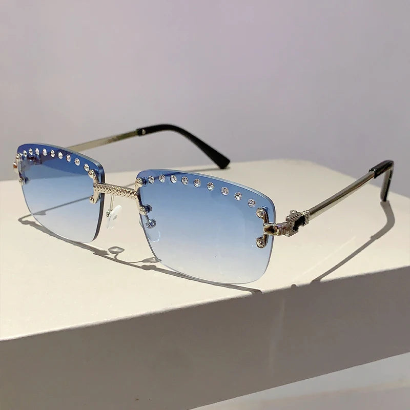 KAMMPT Rimless Sunglasses with Rhinestones 2024 New Fashion Gradient Ocean Lenses Eyewear Trendy Vintage Luxury Rectangle Shades