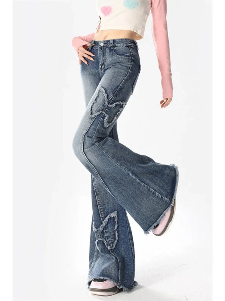 Y2k Butterfly Embroidery Blue Flare Jeans women Low Waist Vintage 90s Aesthetic Denim Trousers Harajuku 2000s Trashy Pants