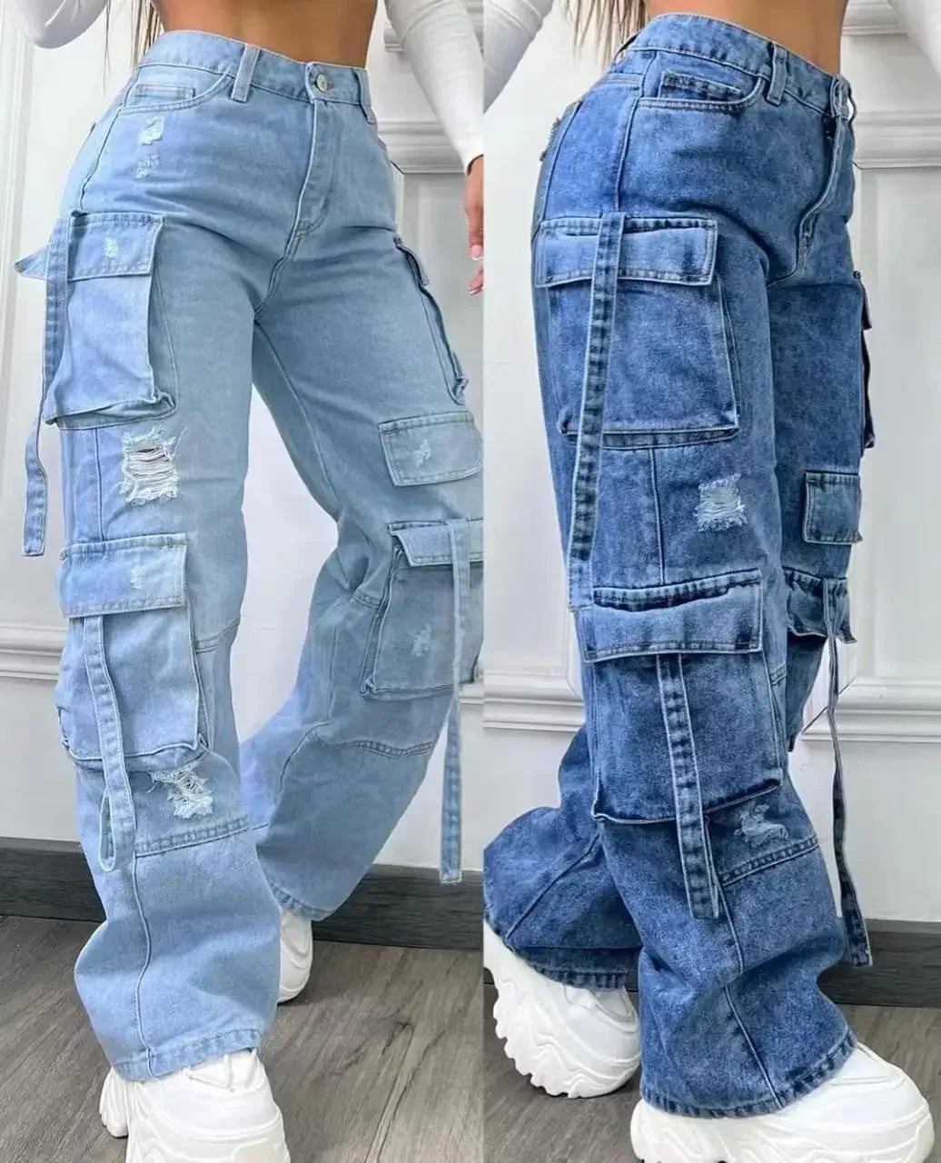 Women Denim Trousers Fashionable Solid Color Versatile Multi-pocket Casual Pants Ladies Large Size High Waist Denim