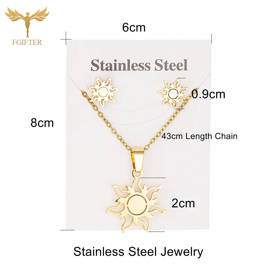 Fashion Sun flower Stud Earrings Pendant Chain Necklace For Women Golden Stainless Steel Jewelry Set Ear Neck Accessories Gifts