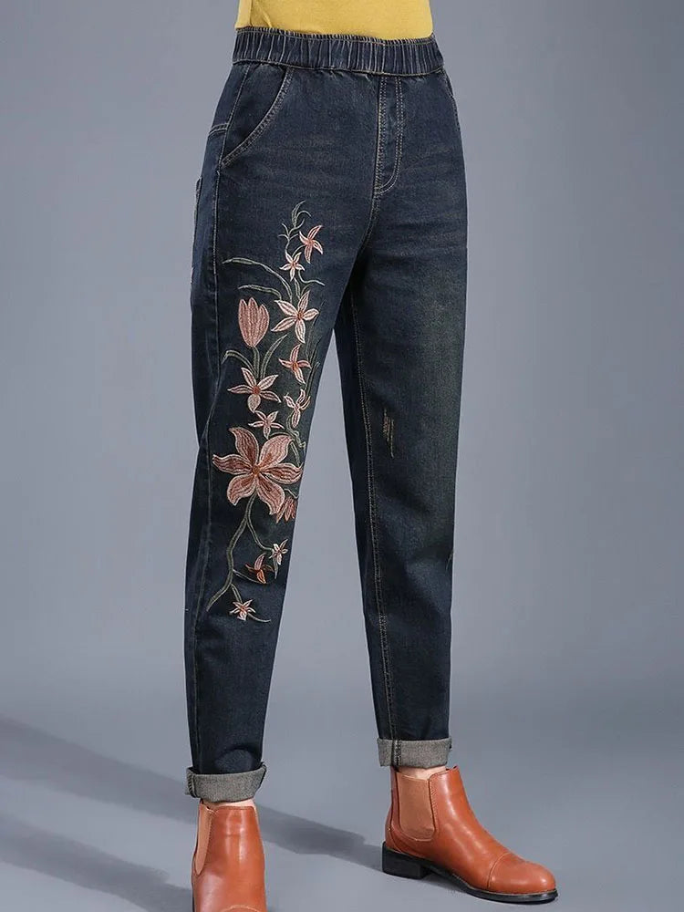 Embroidery Design Vintage Baggy Harem Jeans Women Casual Elastic High Waist Denim Pants Korean Streetwear Ankle Length Vaqueros
