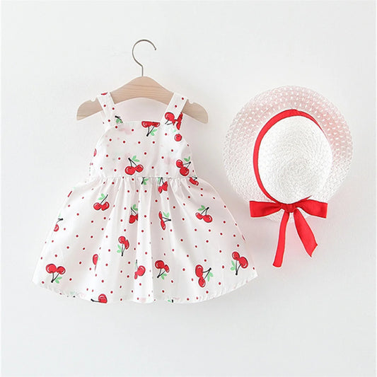 (0-3) Baby Girl Clothing Set 2/Piece Set Summer Baby Girl Cherry Printed Large Bow Cotton Beach Sleeveless Princess Dress+Hat